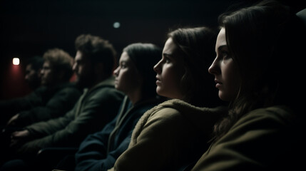 Naklejka premium Side profile of young people watching a movie in a dark cinema. The soft glow from the screen highlights their concentrated faces, creating a dramatic and immersive atmosphere.