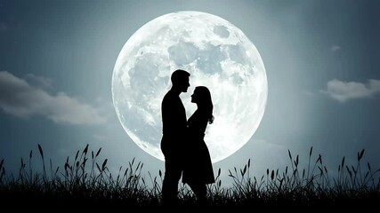 Romantic silhouette of a couple embracing under a full moon in a serene landscape - Powered by Adobe