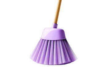 Purple broom for cleaning with wooden handle on transparent background