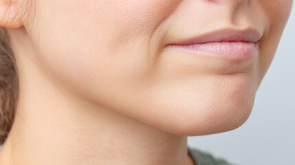 Obraz premium Closeup of smooth skin under chin and lips showing natural texture and healthy complexion with soft lighting highlighting facial features and subtle expression