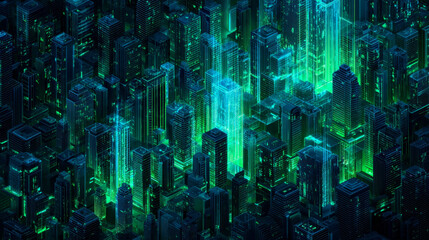 Digital technology city metaverse neon blue green background, abstract cyber communication, innovation future cyberpunk metropolis tech, internet network connection, Ai big data, town illustration 3d