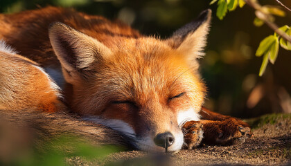 Fototapeta premium close up of a red fox resting peacefully amidst foliage eyes closed bathed in warm sunlight