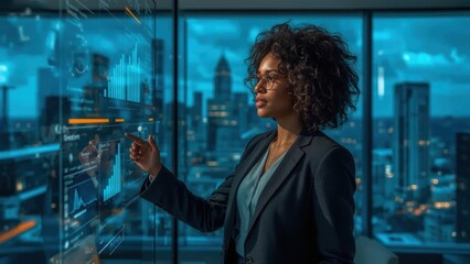 Fototapeta premium Businesswoman Presenting Analytics on Futuristic Transparent Screen