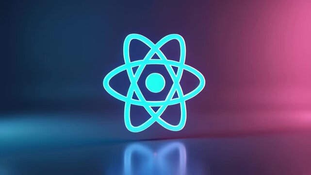Blue neon. React logo. Technology symbol. Glowing lines. Modern design. Digital art. Software development. Web programming. Tech background. Coding concept. Developer tools. IT industry. Programming 
