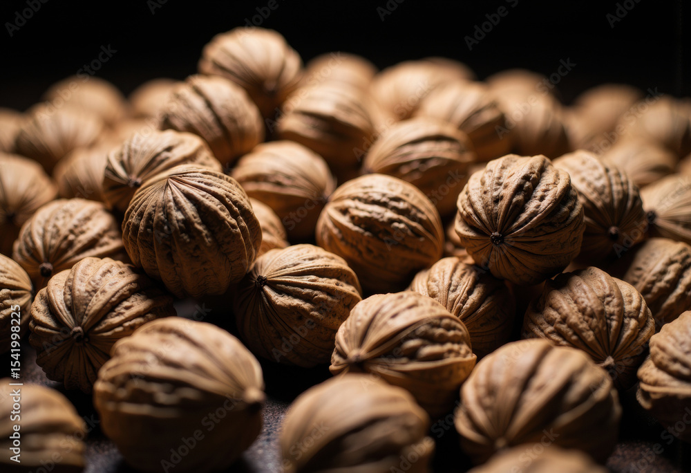 Poster close-up of whole walnuts with textured shells on a dark background