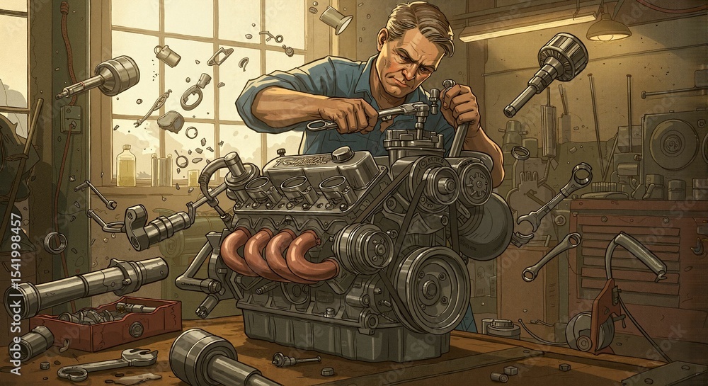 Poster mechanic working on engine assembly in a busy workshop surrounded by tools