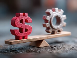 project management budget efficiency. Dollar sign and gear on a balance, symbolizing economy and industry dynamics.