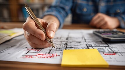 project management budget efficiency. Hand holding a pen over architectural blueprints with sticky notes and a calculator nearby.