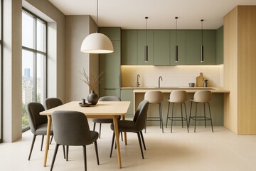 Modern minimalist kitchen and dining room interior with natural light, soft neutral tones, and contemporary furniture in a stylish apartment space.