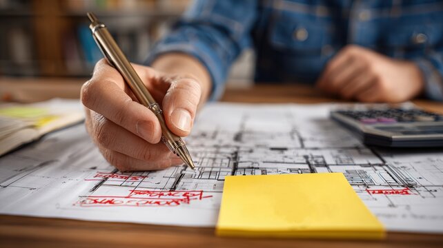 project management budget efficiency. Hand holding a pen over architectural blueprints with sticky notes and a calculator nearby.