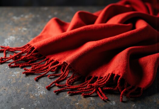 Bright red scarf with fringes laid on a dark textured surface for a stylish accessory display