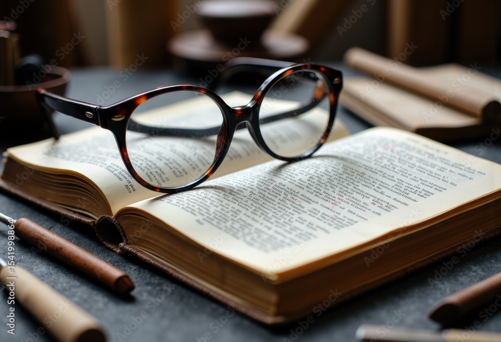 Poster reading glasses resting on an open book with a blurred background and warm lighting