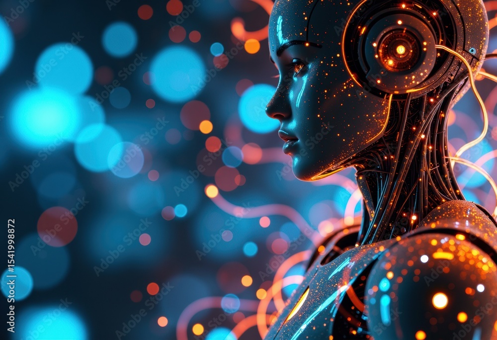 Poster futuristic robot with glowing circuits and digital effects against a vibrant bokeh background