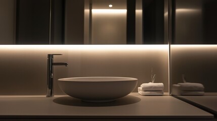 Minimalist bathroom with clean lines and neutral tones, empty counter space, soft lighting - simplicity and modern elegance
