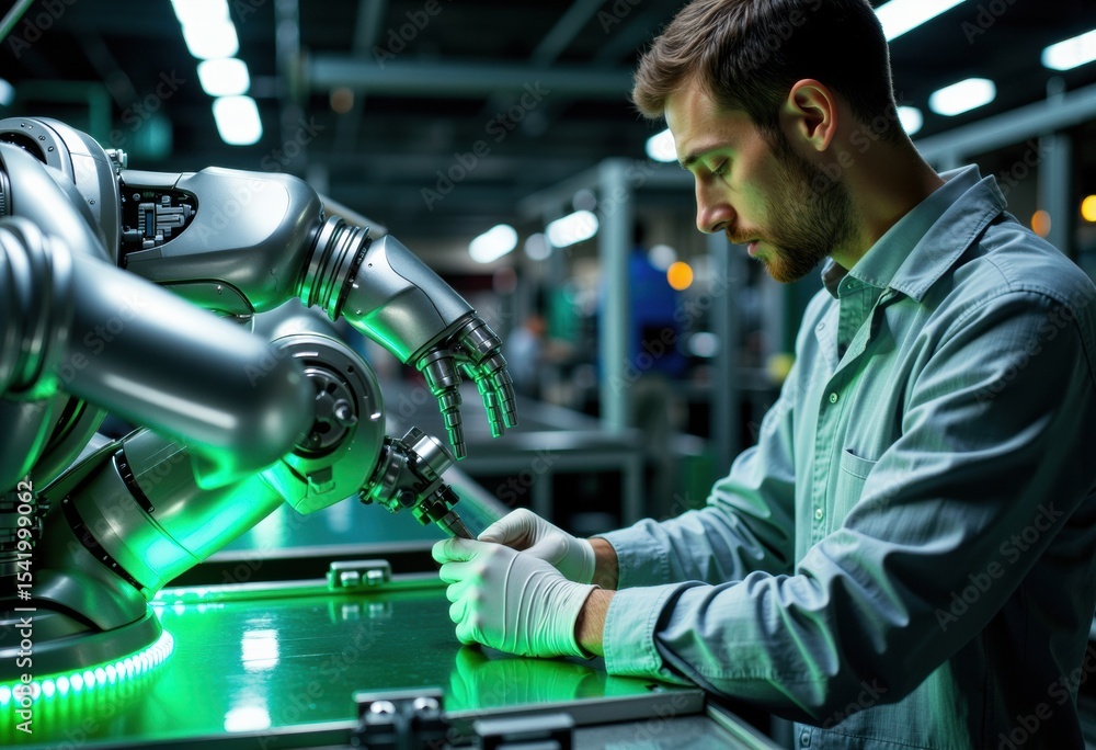 Poster a technician working alongside a robotic arm in a modern factory setting