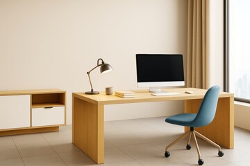 Contemporary minimalist office interior with wooden desk, blue chair, and modern lighting near large window in a bright urban room.