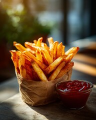 Crispy french fries served in an eco paper cup with ketchup on the side—golden, crunchy snack perfect for fast food or comfort cravings.








