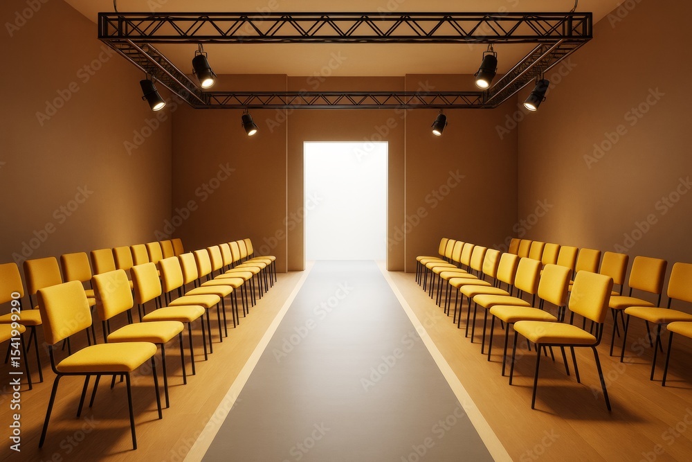 Poster modern indoor runway setup with rows of yellow chairs and overhead lights in a minimalist room with 