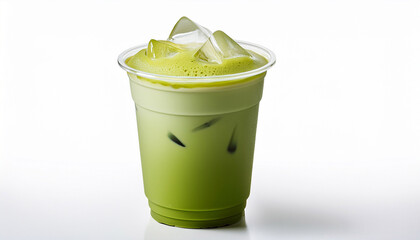 ice matcha green tea on plastic glass isolated white background