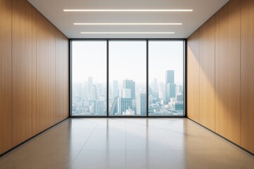 Obraz premium Modern empty office room with wooden walls, large floor-to-ceiling windows, and cityscape view in soft daylight from high-rise building interior.