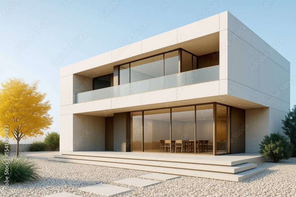 Poster modern minimalist two-story house with glass walls and geometric design in a serene landscape with b