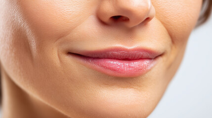 Naklejka premium Closeup of smooth lips with subtle pink gradient and natural skin texture showing gentle smile and healthy complexion in soft lighting