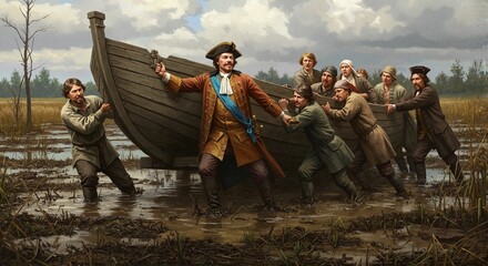Men struggle to pull a large boat from a muddy swamp while dressed in historical clothing in a natural landscape