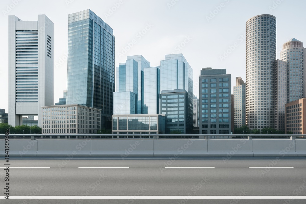 Poster modern city skyline with high-rise office buildings and wide empty road in foreground under clear sk