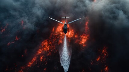 An action-packed aerial shot captures a helicopter battling fierce flames amidst thick smoke, epitomizing bravery in firefighting and the urgency of saving nature.