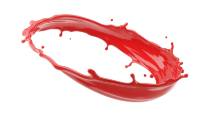 Semi-viscous red liquid splash with glossy highlights and fluid motion, isolated transparent background
