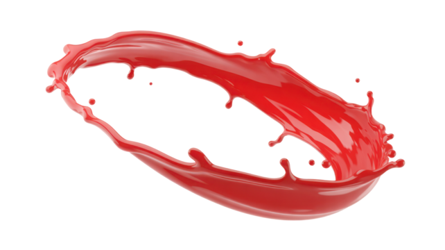 Semi-viscous red liquid splash with glossy highlights and fluid motion, isolated transparent background