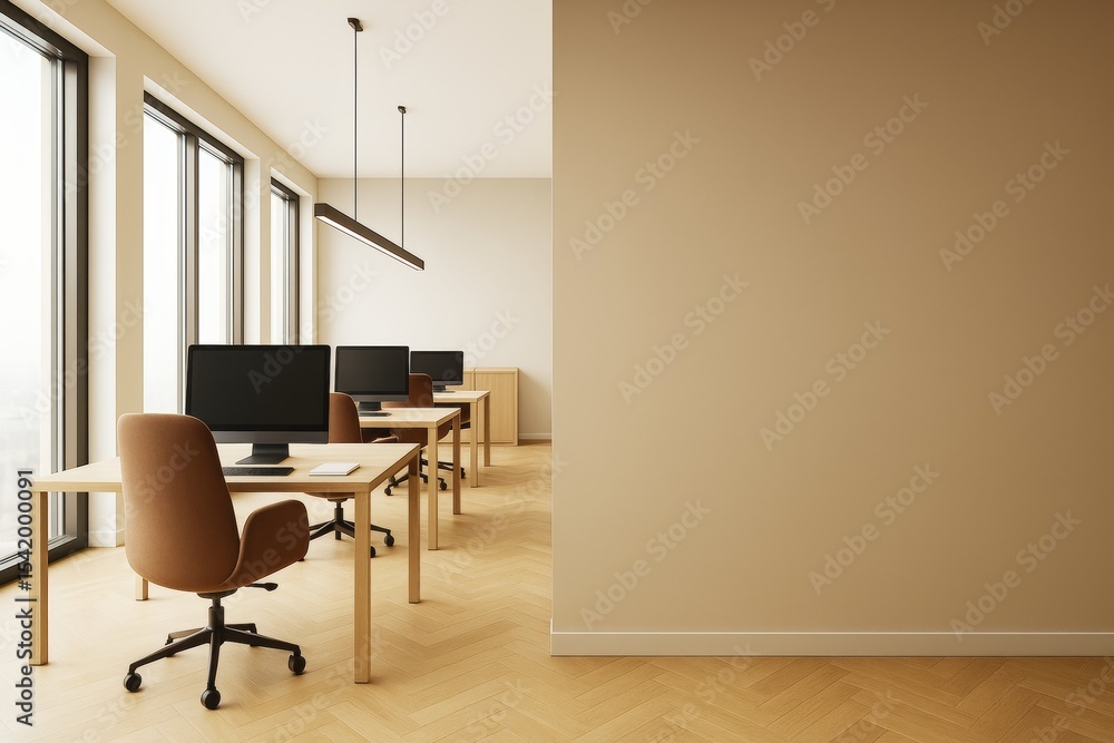 Poster modern office interior with row of desks and computers near large windows beside blank beige wall fo