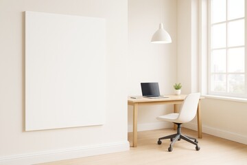 Fototapeta premium Minimalist modern home office with blank canvas on wall and wooden desk setup in bright, clean interior space for branding or design mockup template.
