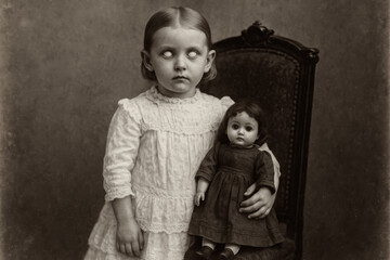 Eerie vintage Halloween portrait: Young girl with blank white eyes, wearing a white lace dress and holding a creepy old doll, exuding a ghostly and unsettling presence. Sepia toned.