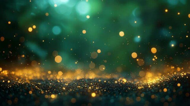 Festive Golden Bokeh Lights Sparkling Over a Green Background for Celebration