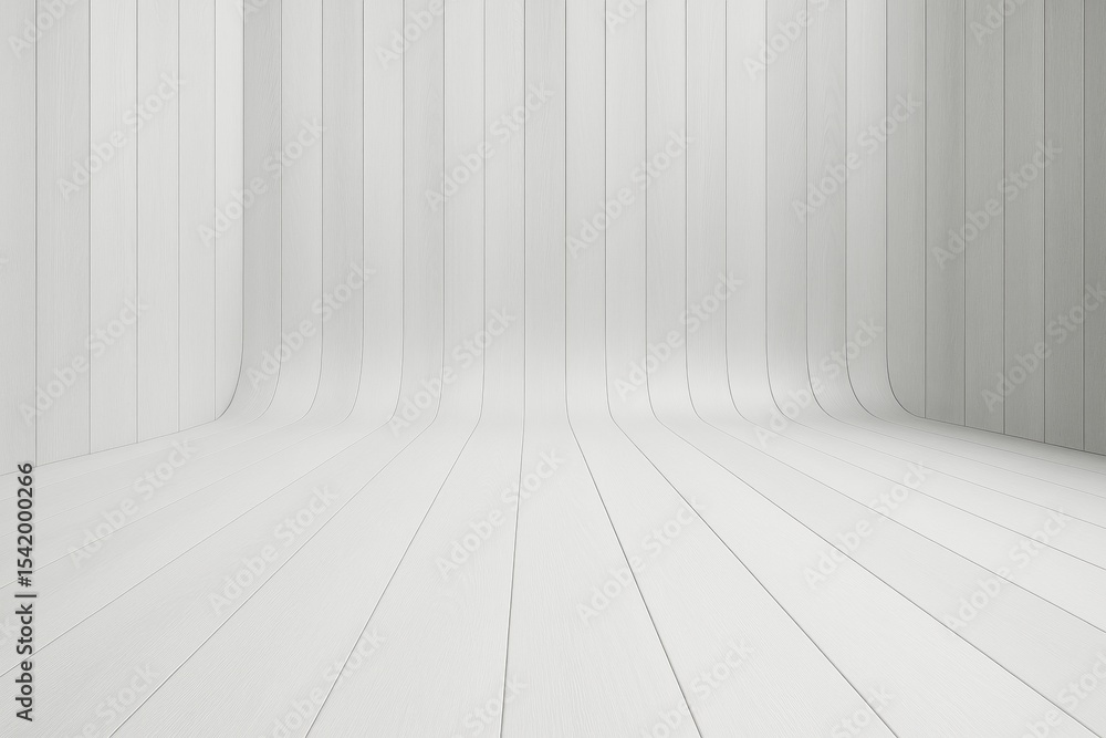 Poster minimalistic white interior with curved wooden panel walls and floor forming seamless background for