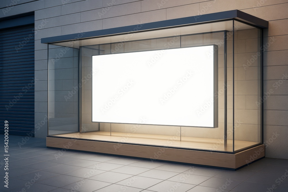 Aufkleber Modern illuminated display case with blank white billboard on clean tiled wall background in urban architectural setting at night.