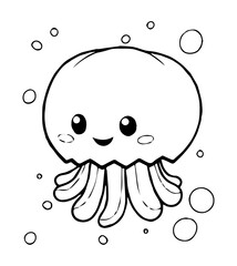 A cute cartoon jellyfish with big eyes and a smiling mouth floats amongst bubbles