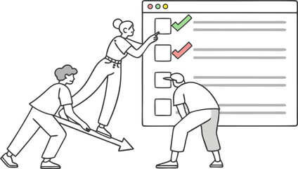 Teamwork illustration showing people collaborating on a checklist with checkmarks and an arrow diagram