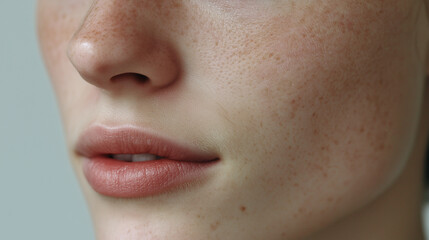 Fototapeta premium Closeup of human face with natural skin texture, peach fuzz hair, freckles, and soft lips showing subtle beauty and delicate features in natural light
