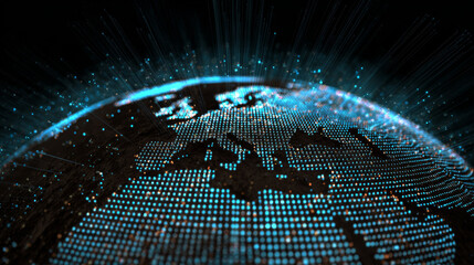 Futuristic Planet Earth. World map of glowing square dots. Modern abstract background. Space composition. Web banner. Global network connection. Vector illustration. EPS 10.