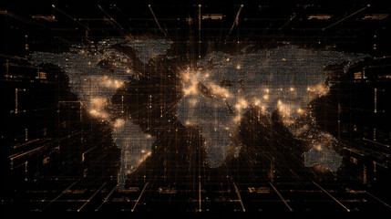 Futuristic Planet Earth. World map of glowing square dots. Modern abstract background. Space composition. Web banner. Global network connection. Vector illustration. EPS 10.