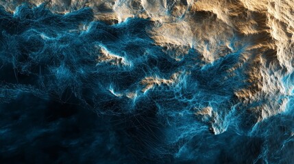 3D-rendered abstract map of oceanic terrain showcasing blue wireframe lines on a dark background
