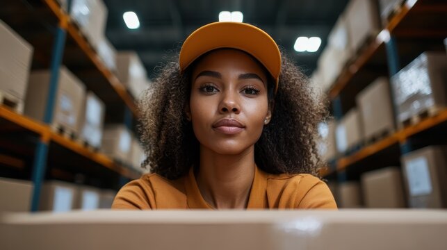 A strong, confident young woman poses in a warehouse filled with cardboard boxes, exemplifying empowerment and determination in the workforce.