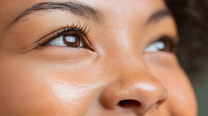 Closeup of smooth face showing natural skin texture and fine pores with bright eyes looking upward, highlighting healthy and glowing skin with soft lighting