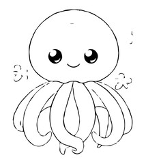 A cute octopus cartoon with large eyes smiling and surrounded by small cloudlike shapes