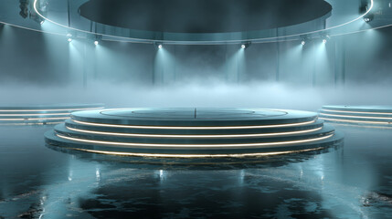 Circle abstract digital technology UI futuristic HUD Virtual Interface. Stage futuristic  podium in fog. Empty futuristic pedestal for award ceremony, platform illuminated by spotlights, stage. Vector
