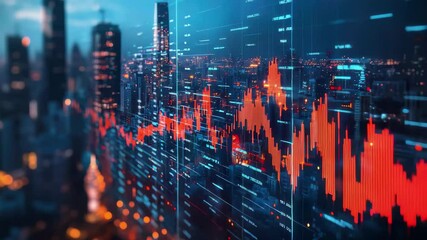 Cityscape overlayed with financial data graph and glowing city lights at night in blue tones - Powered by Adobe