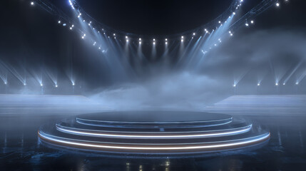 Circle abstract digital technology UI futuristic HUD Virtual Interface. Stage futuristic  podium in fog. Empty futuristic pedestal for award ceremony, platform illuminated by spotlights, stage. Vector