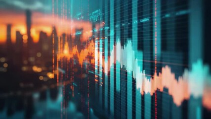 Digital cityscape overlayed with financial data graph and glowing lines at dusk background view - Powered by Adobe